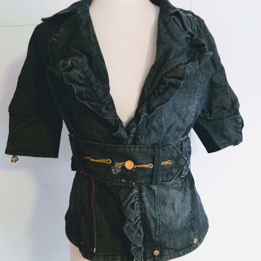 Dereon Womens Cropped Denim Jacket w Fleur de Lis